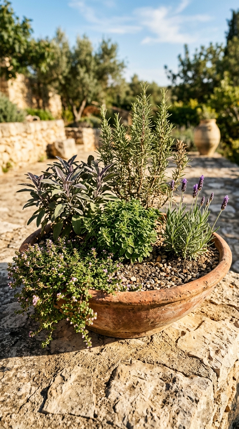 Small dedicated herb bed edged with timber sleepers, densely planted with eight herbs