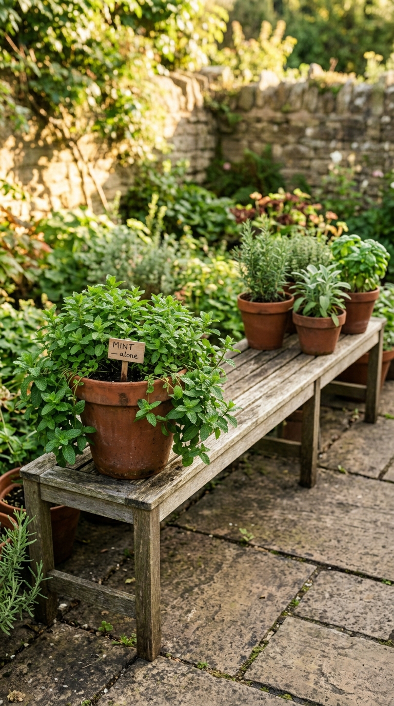 Raised wooden herb table at standing height with herbs planted densely