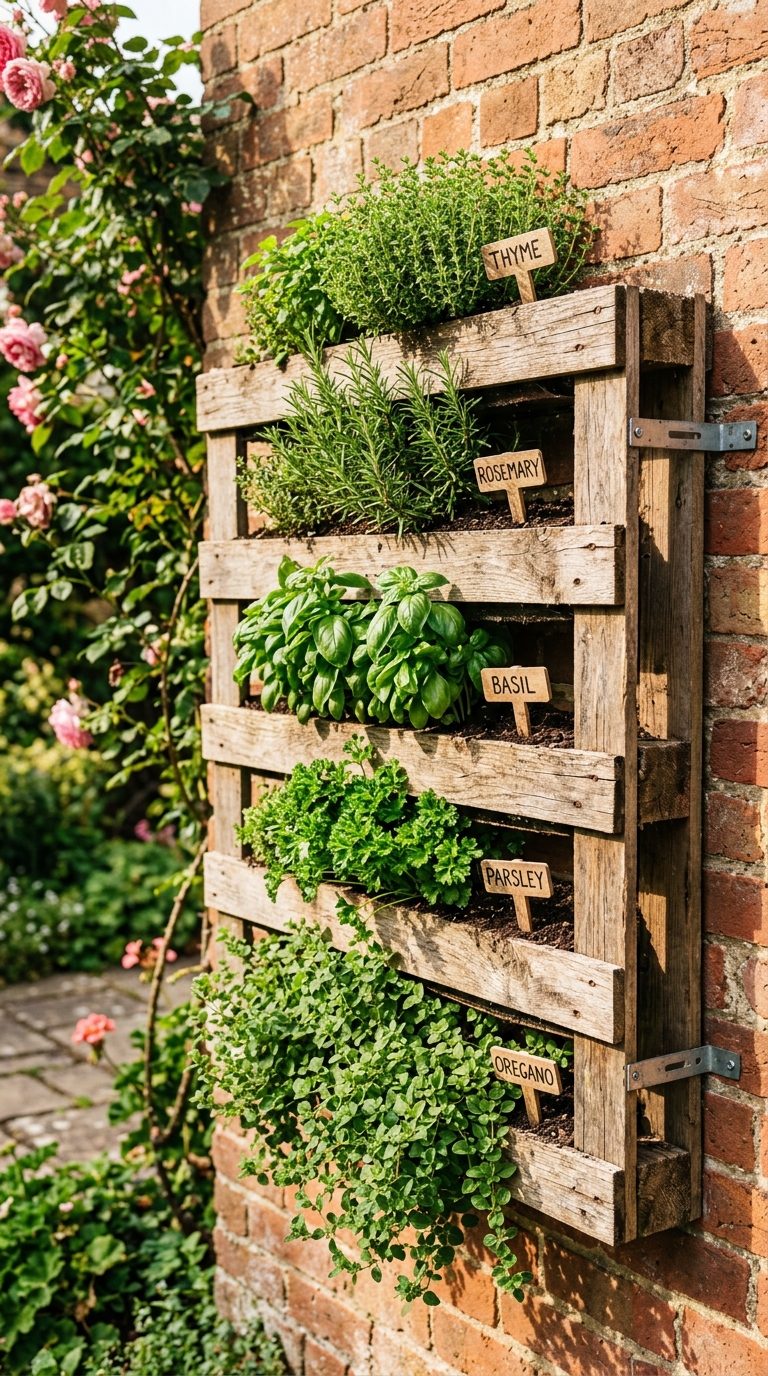 Three-tiered wooden A-frame herb stand on a sunny patio
