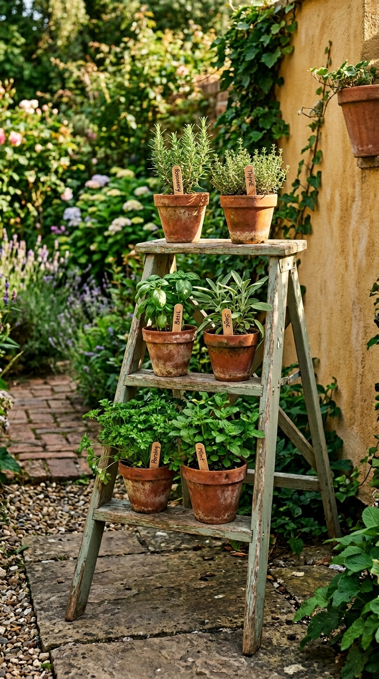 Vintage metal wheelbarrow filled with soil and planted densely with herbs