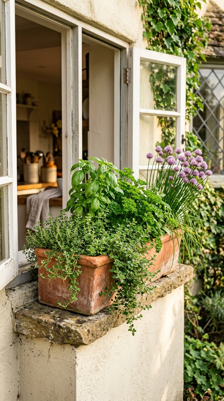 Glazed dark green pot with parsley, cilantro, mint, and lemon balm in partial shade