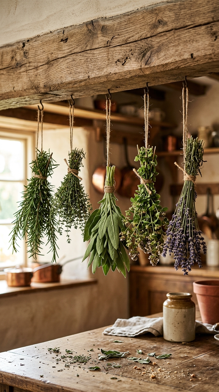 Flowering herbs together with chive flowers, rosemary, sage, and lavender