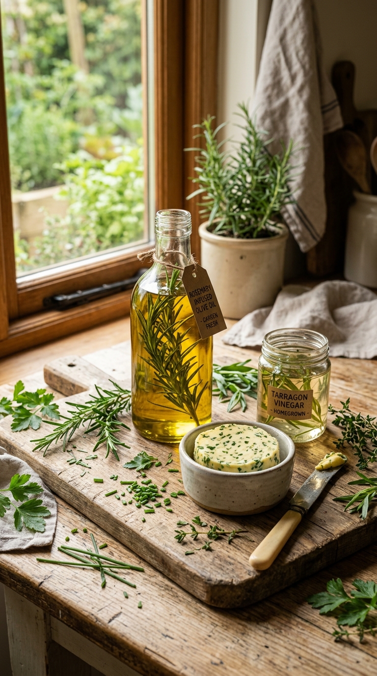 Living herb wreath hanging on a wooden fence with creeping thyme and rosemary