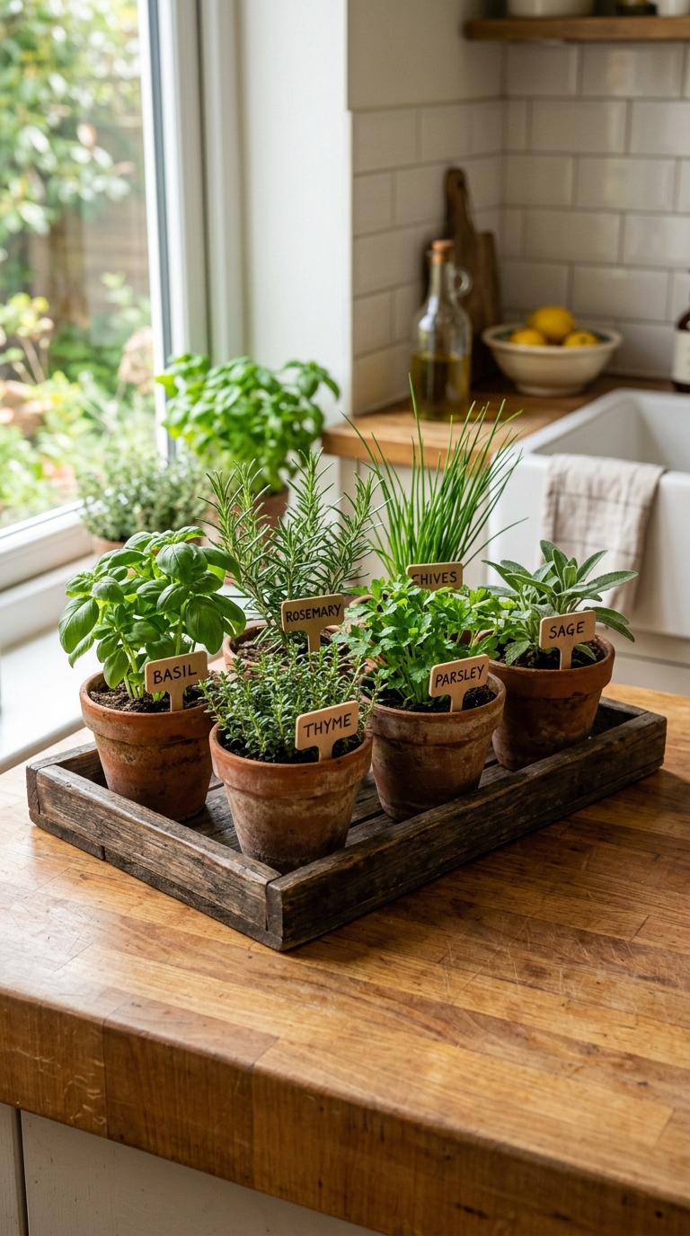 Herb bed with a rough-cut sandstone border defining its shape