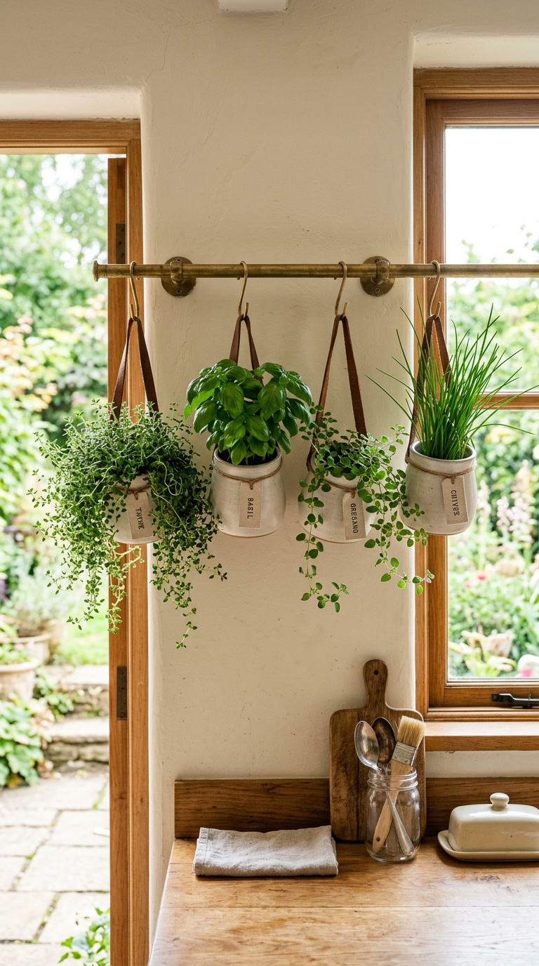 Simple wooden bench beside a raised herb bed with lavender and rosemary