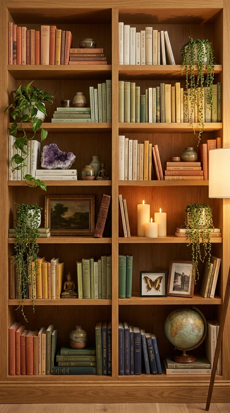 An abundant bohemian bookshelf in aged oak filled with books, an amethyst geode, ceramics, trailing plants, candles, and a vintage globe