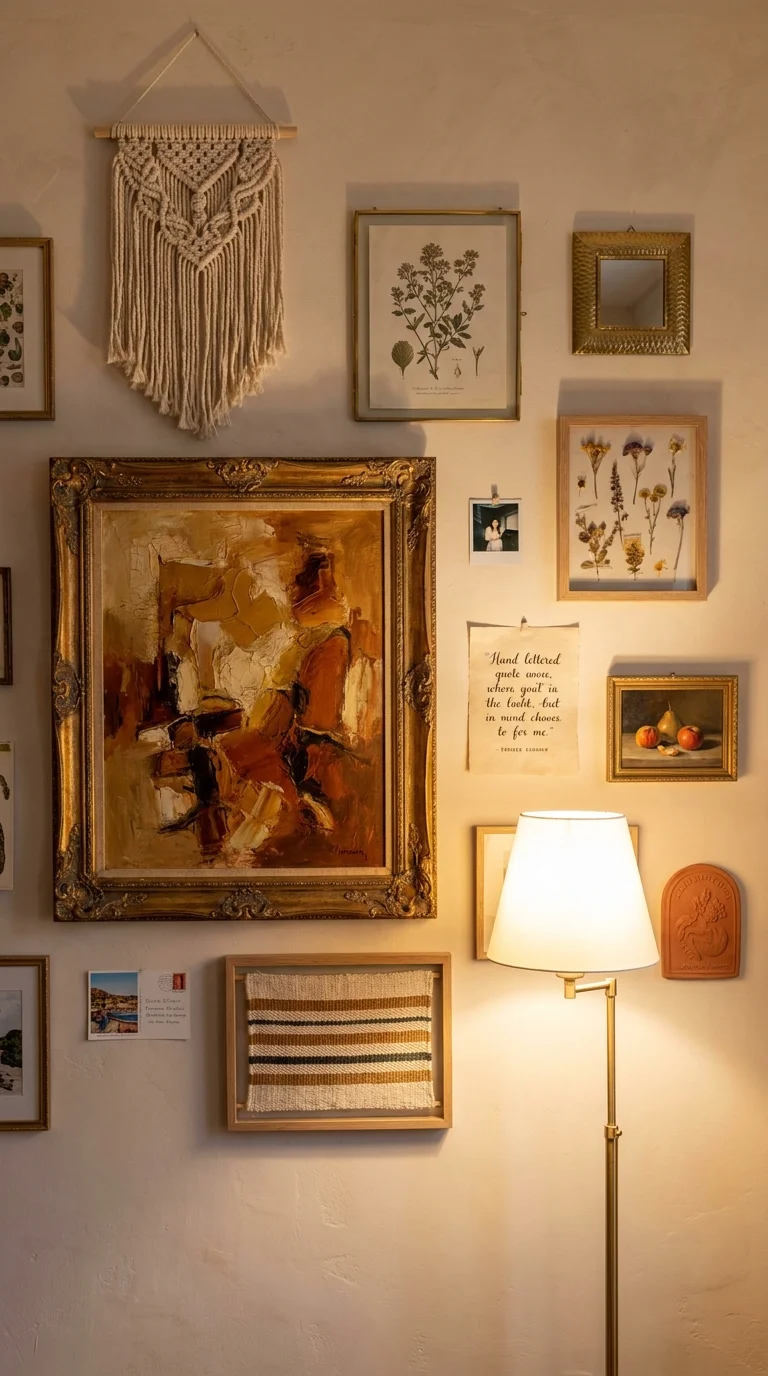 A personal bohemian gallery wall mixing vintage oil paintings, mirrors, a macramé hanging, botanical prints, and pinned postcards