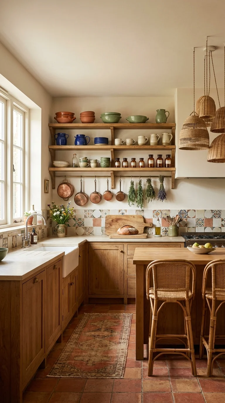 A warm bohemian kitchen with open oak shelves of mismatched ceramics, hanging copper pans and dried herbs, zellige tile backsplash, and a kilim runner