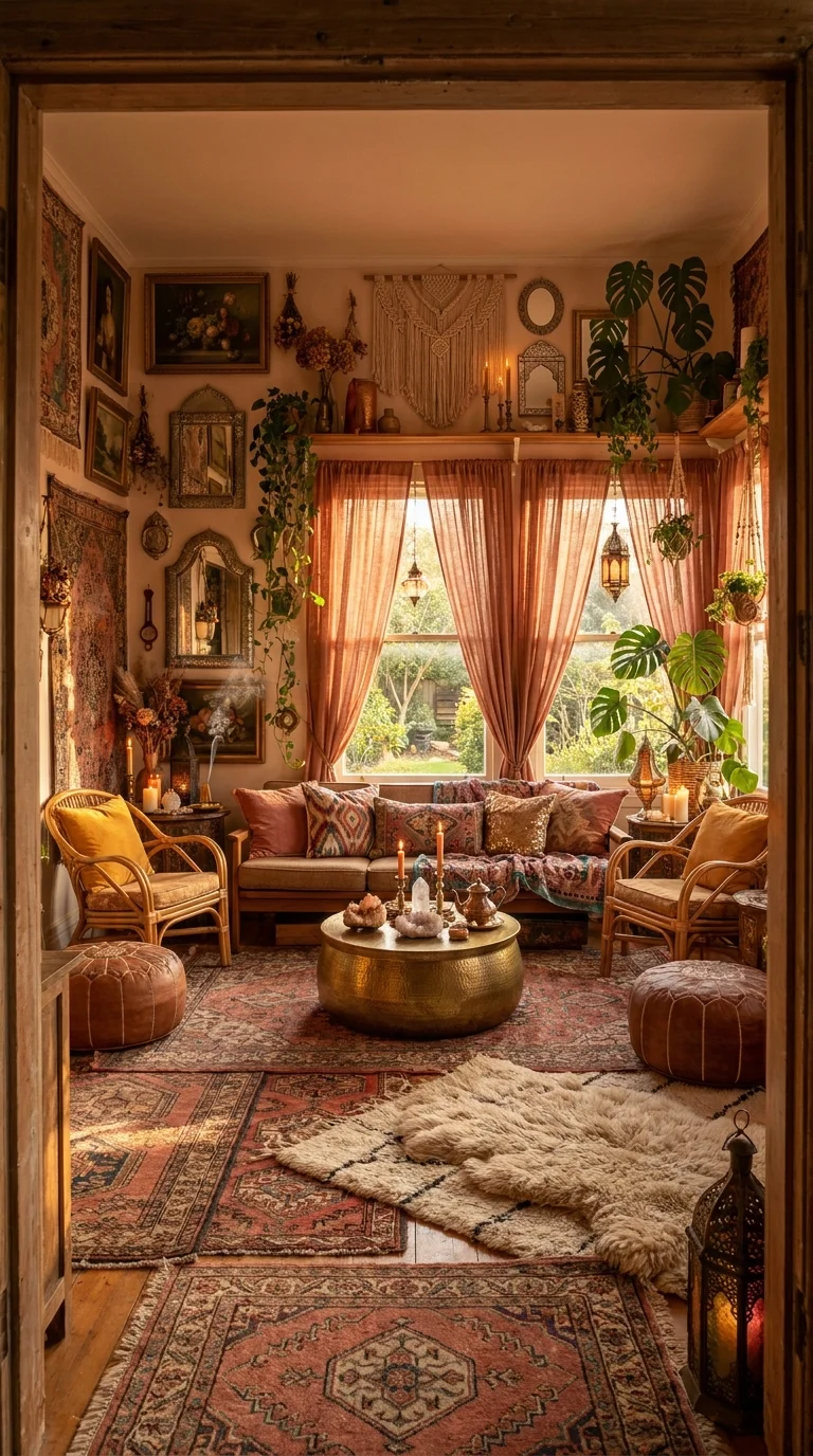 A warm, layered bohemian living room at golden hour with vintage rugs, a gallery wall, rattan chairs, plants, and Moroccan lanterns