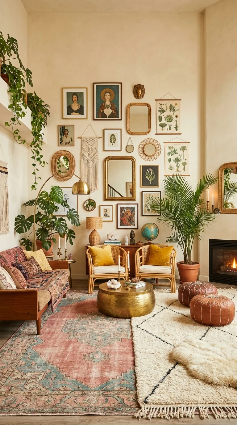 A complete bohemian living room with layered rugs, a dense gallery wall of art and mirrors, rattan chairs, a brass table, plants, and a fireplace