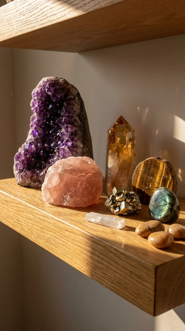 A crystal and mineral collection on an oak shelf — amethyst geode, rose quartz, citrine point, tiger’s eye, pyrite, and labradorite catching the light