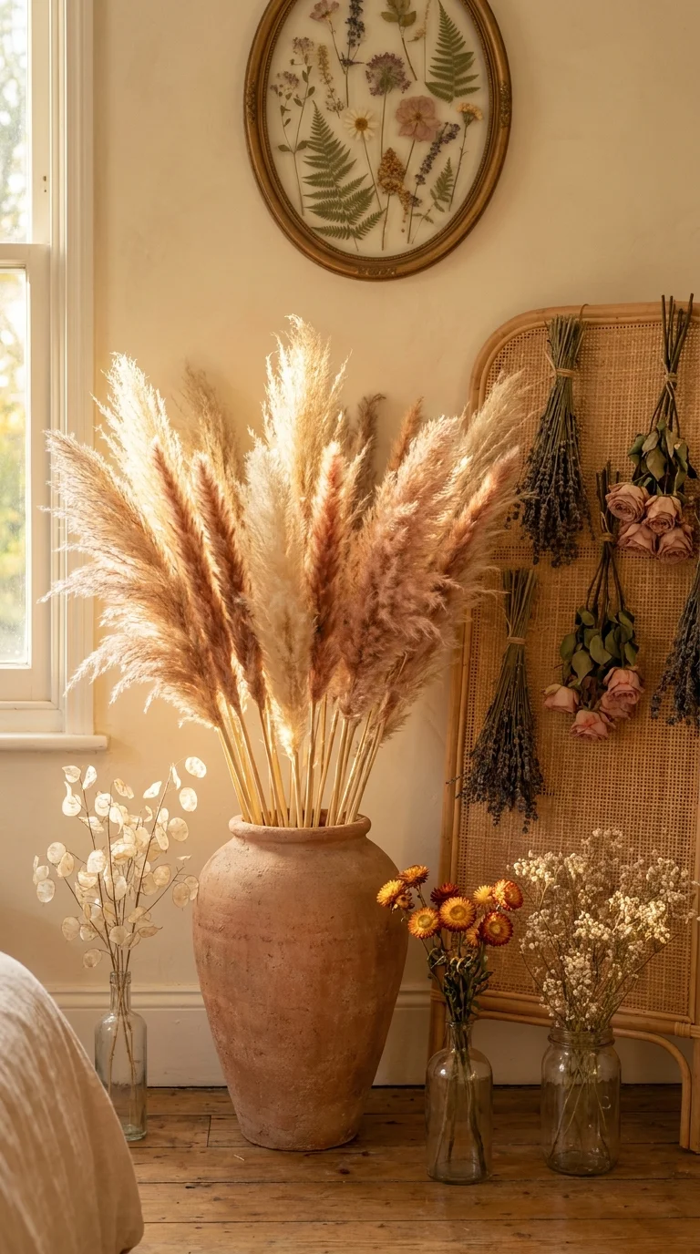 A bohemian dried botanical corner with a tall terracotta vase of pampas grass, hanging dried lavender and roses, and pressed flowers framed on the wall