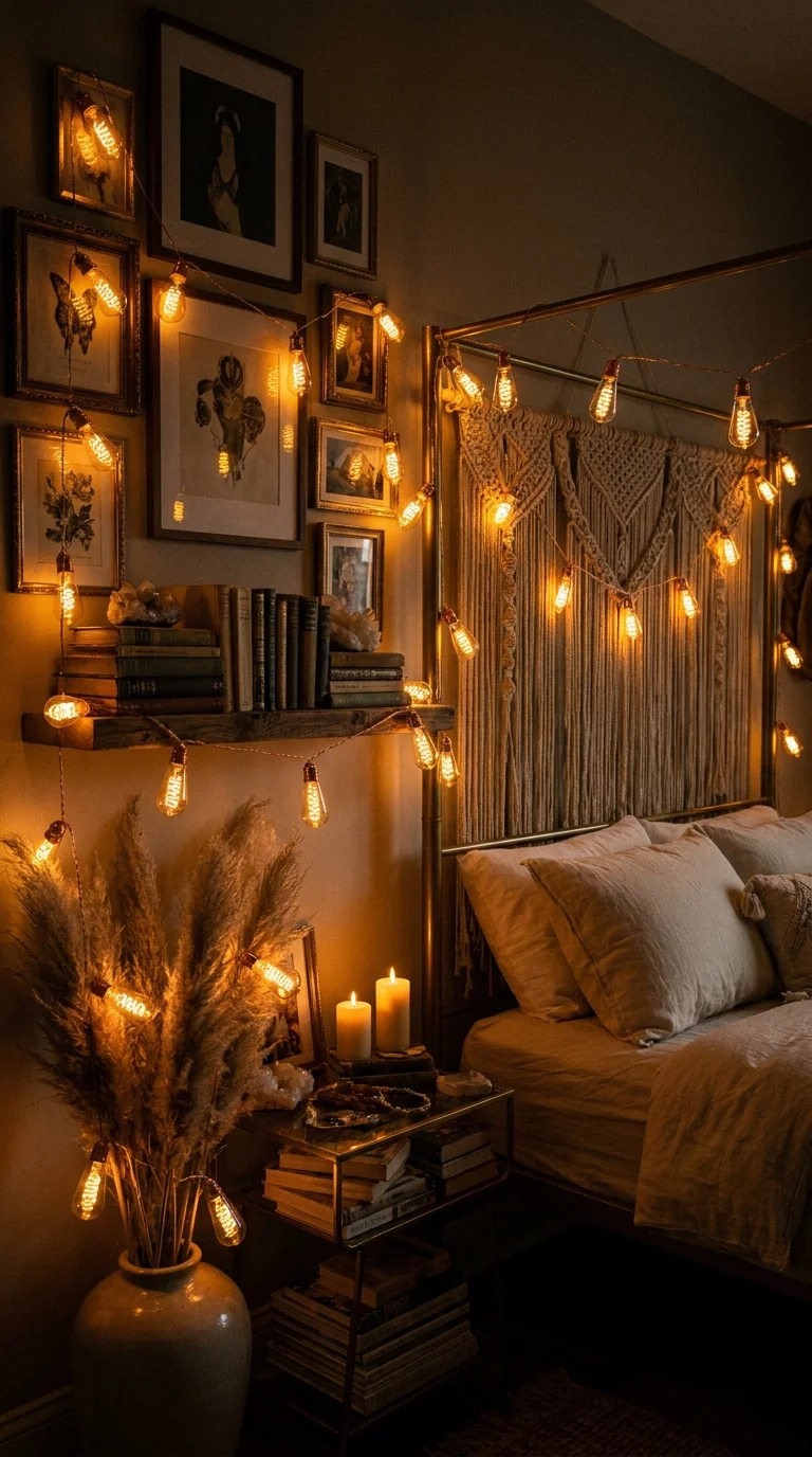Warm amber Edison fairy lights woven through a macramé hanging, a bed canopy, and a pampas arrangement in a dark bohemian bedroom