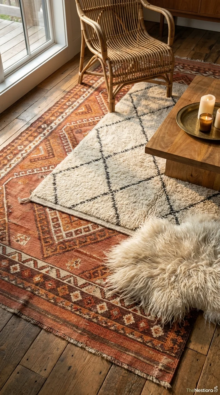 A layered bohemian rug composition — a terracotta kilim base, a cream Beni Ourain on top, and a sheepskin at one corner