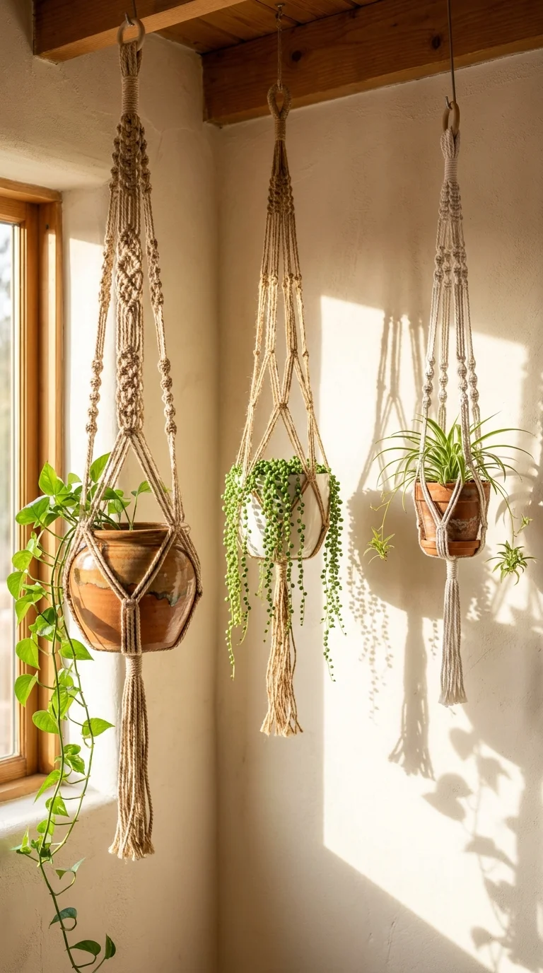 Three macramé plant hangers at different heights holding trailing devil’s ivy, string of pearls, and a spider plant against a warm plaster wall