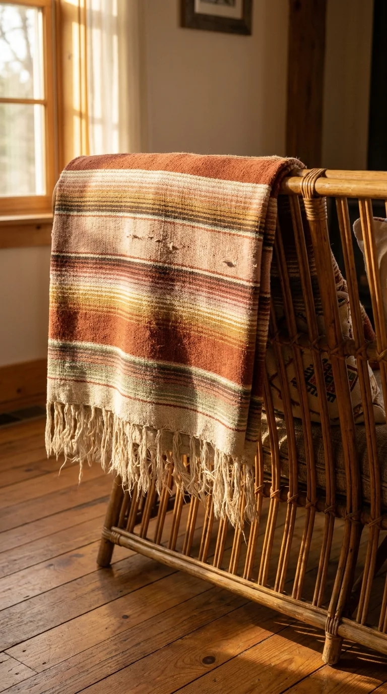 A faded Mexican serape blanket in warm terracotta, cream, and sage stripes draped over the back of a vintage rattan sofa
