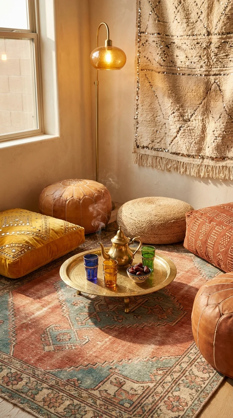 A bohemian floor seating corner with a hammered brass tray table, mint tea, jewel-toned floor cushions, and leather poufs on a Persian rug