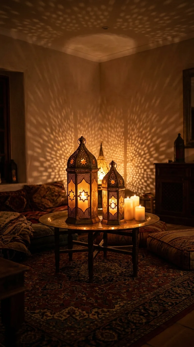 Two lit Moroccan perforated brass lanterns projecting intricate constellations of warm light across the walls and ceiling of a dark bohemian room