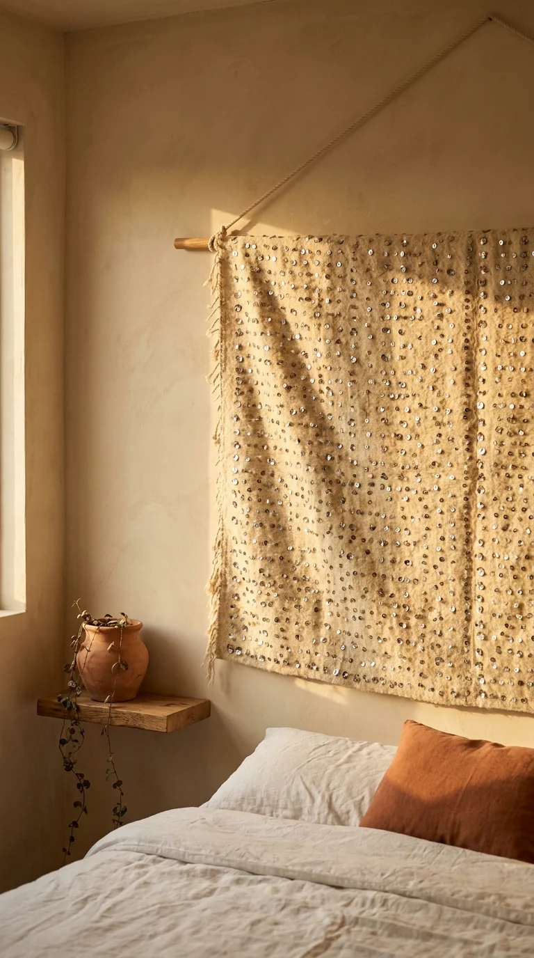 A cream Moroccan handira wedding blanket with silver sequins hung on a dowel above a linen bed in a warm bedroom