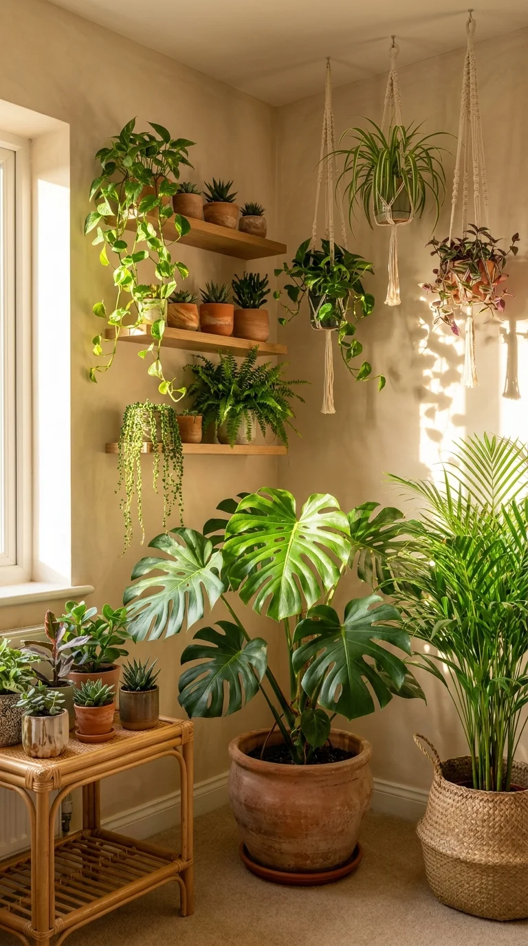 A bohemian living room corner filled with plants at every height — a floor monstera, trailing pothos from shelves, and hanging macramé planters