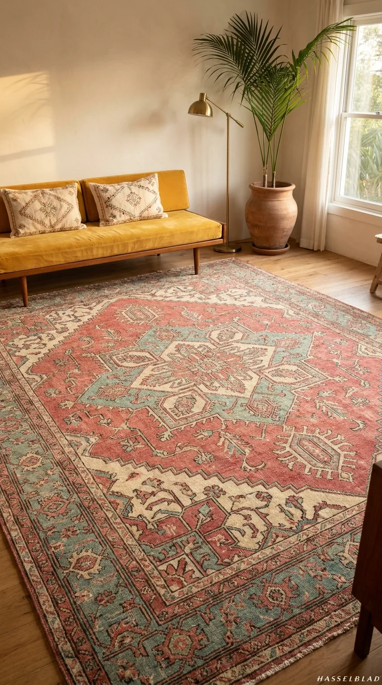 A large faded vintage Persian rug anchoring a warm bohemian sitting room with a low teak sofa and a palm in a clay pot