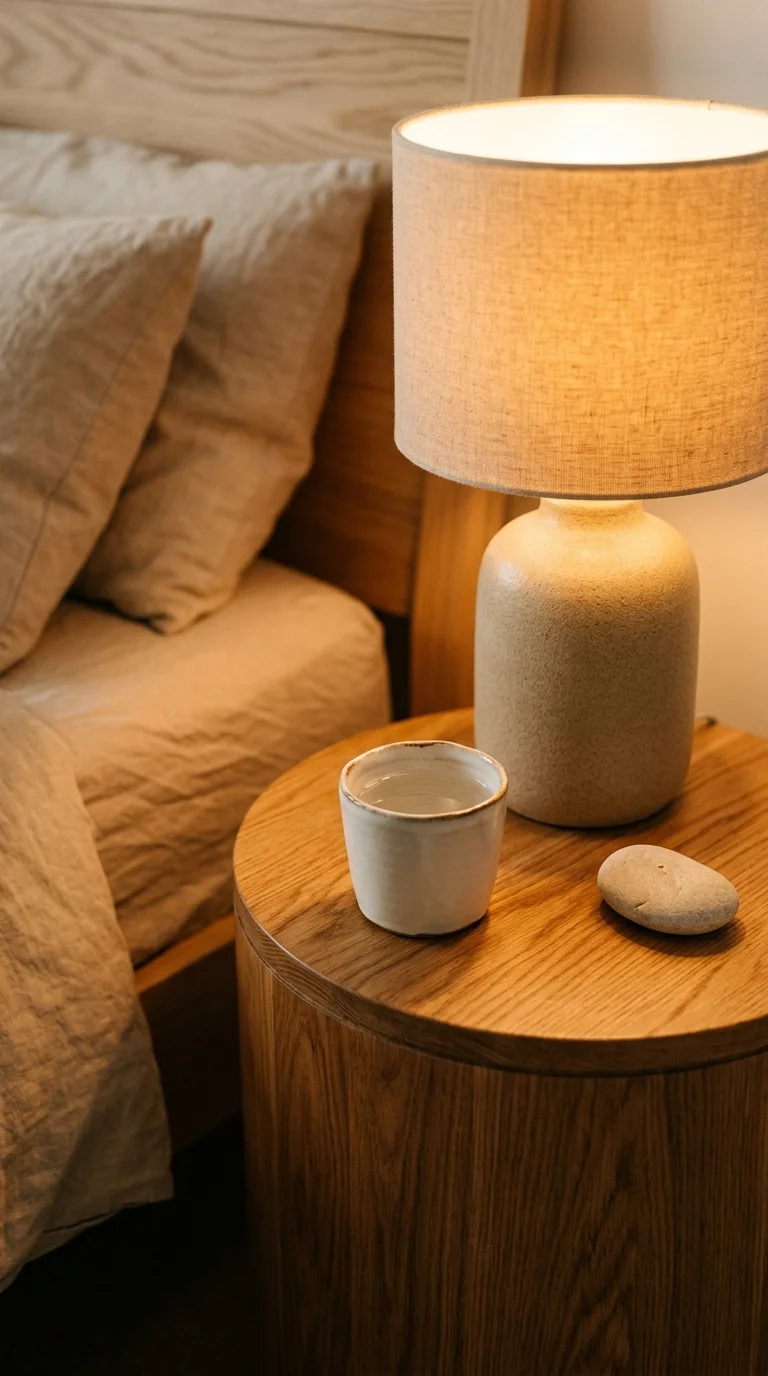 Minimalist bedside table with lamp cup and one personal object