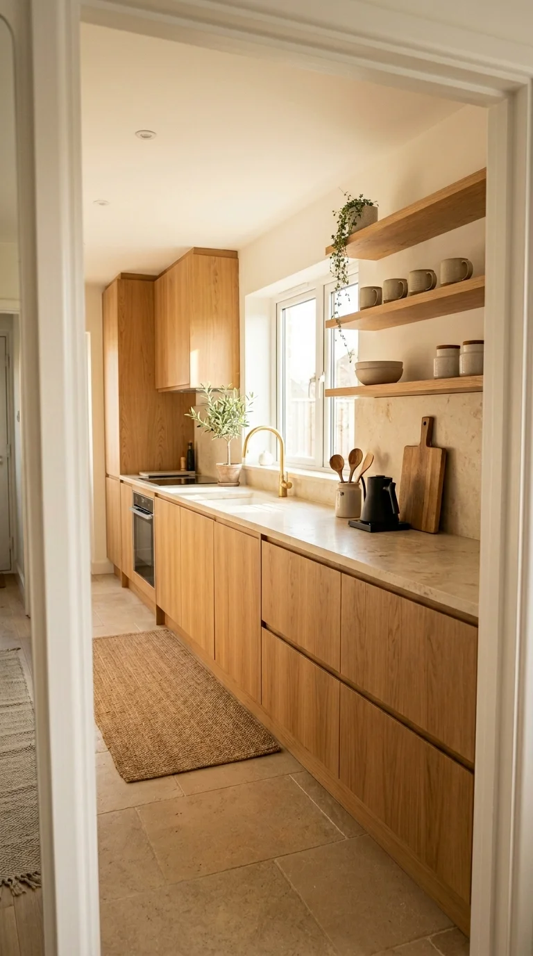 Warm minimalist kitchen with clear counters and intentional styling