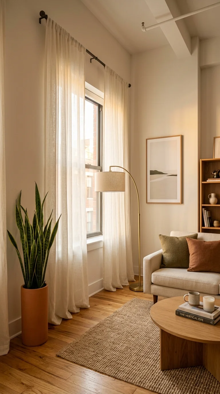 Small apartment living room with cozy minimalist spacious warm calm balance