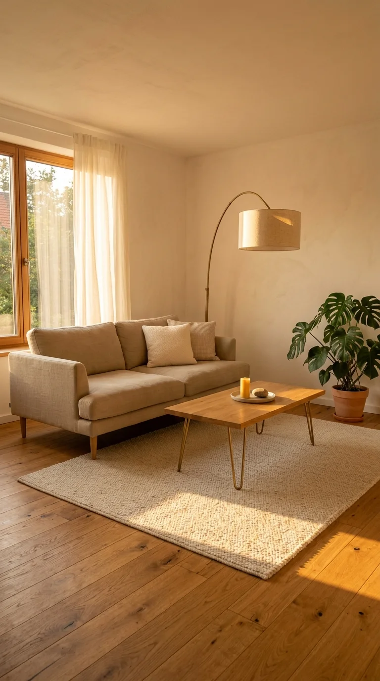 Warm cozy minimalist living room with linen sofa, oak floor, and soft afternoon light