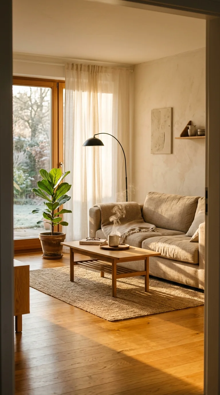 Morning light across minimalist room with visible steam from a cup