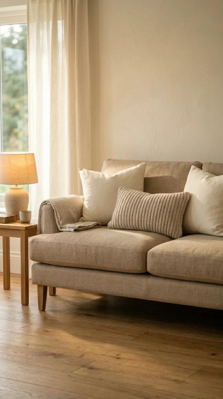 Perfect warm sand linen sofa in a minimalist setting