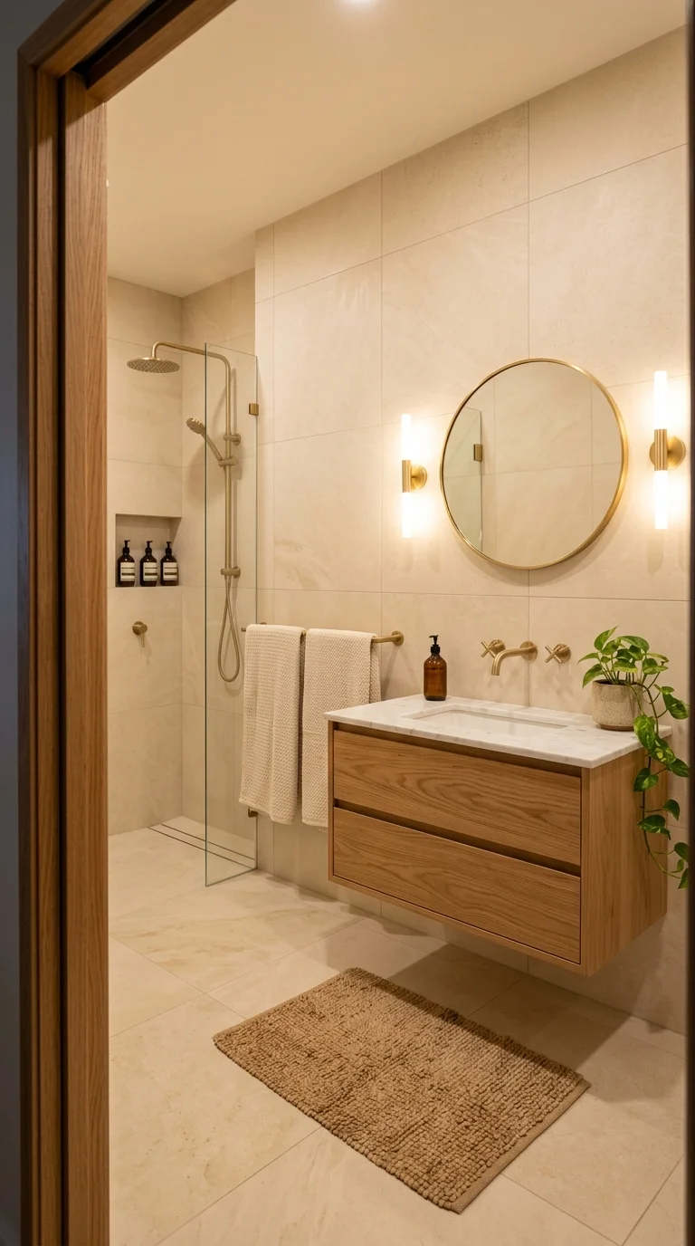 Warm minimalist bathroom with oak vanity brass details and calm styling