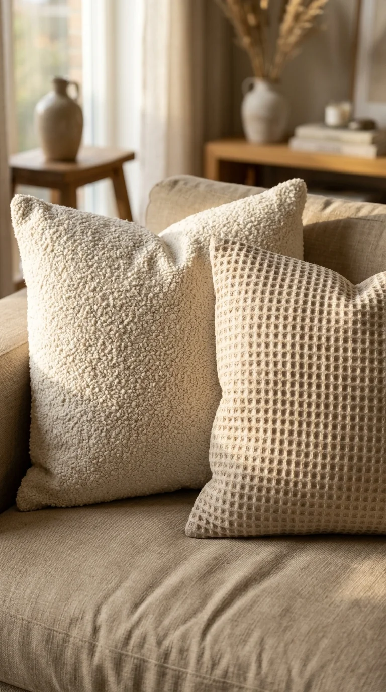 Two textured neutral cushions on warm sand linen sofa
