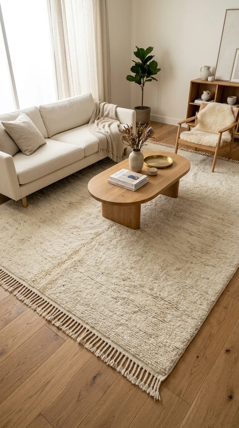 Large undyed natural wool rug anchoring minimalist seating area