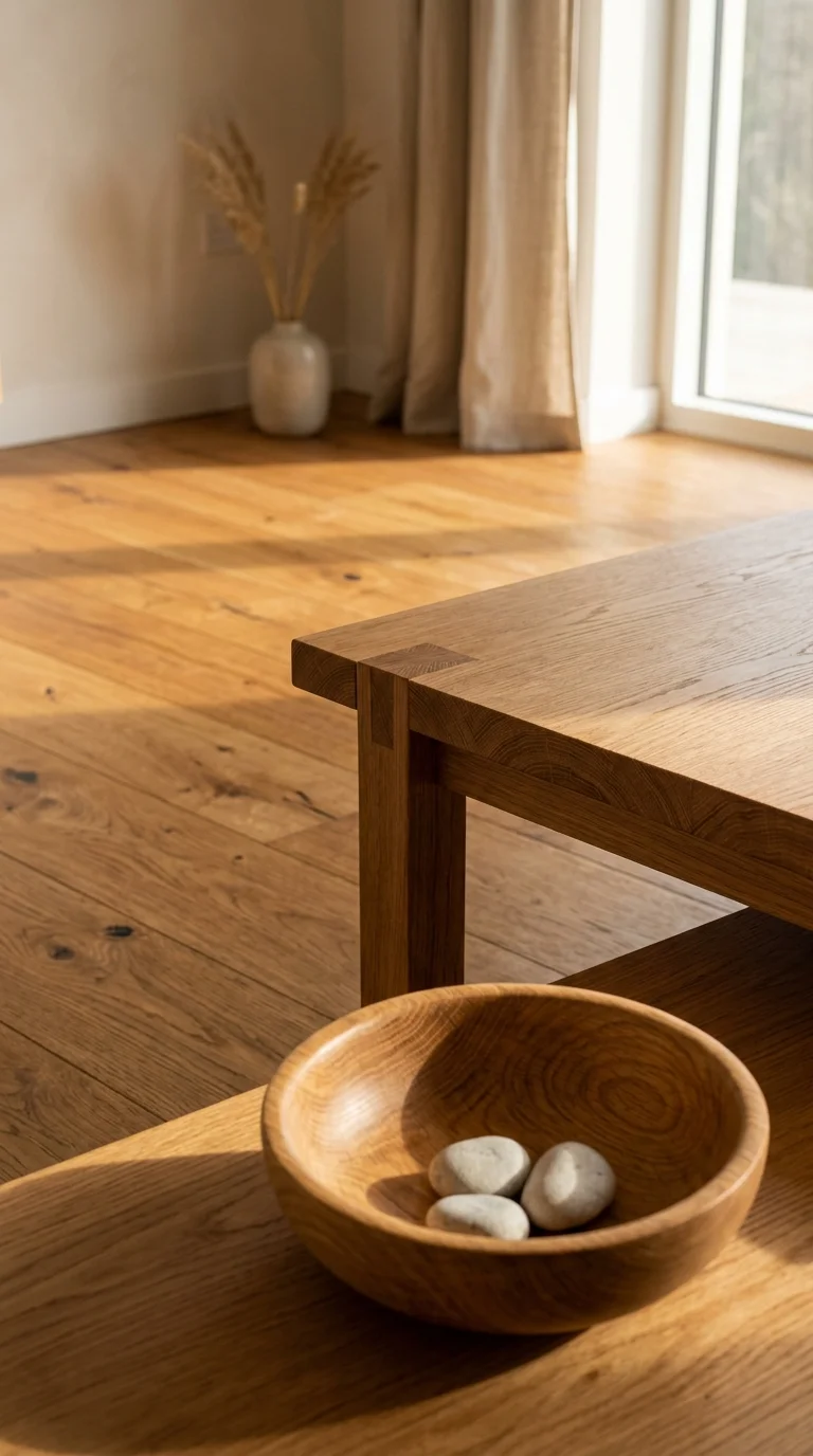 Warm oak shown at floor, furniture, and object scale
