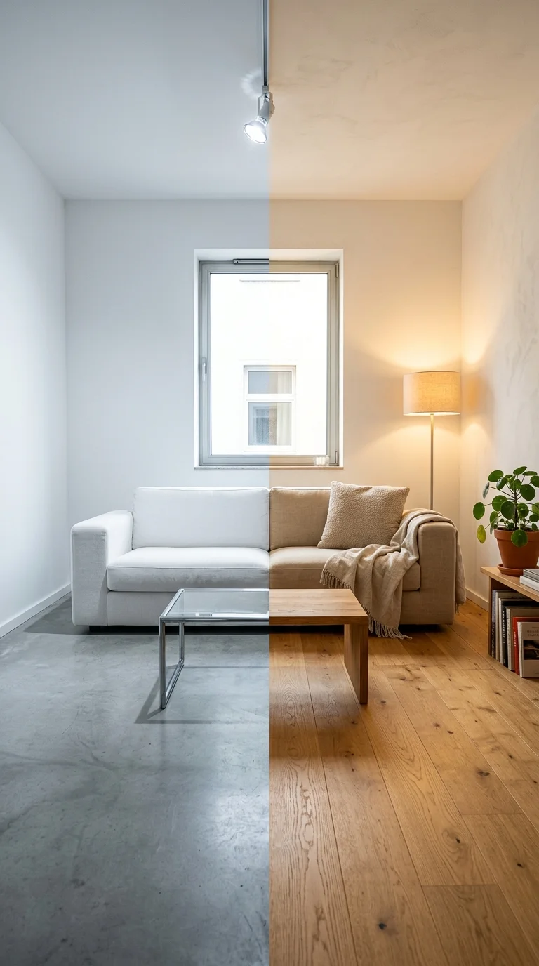 Split scene showing cold minimalist room versus warm cozy minimalist room
