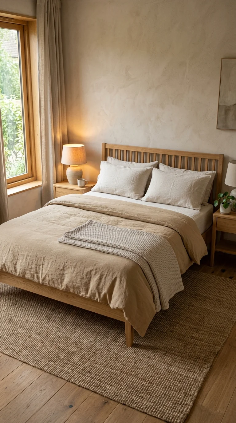 Minimalist bed styled in washed linen and warm neutrals