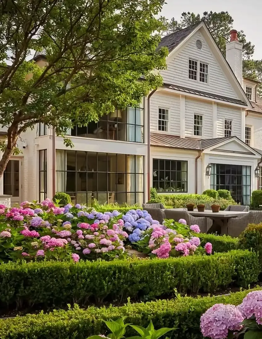 Cream clapboard house with pink hydrangea hedge along the front