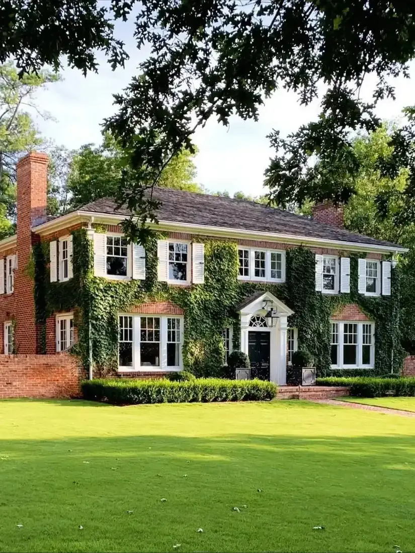 Brick colonial house with ivy climbing the front wall and a wide green lawn