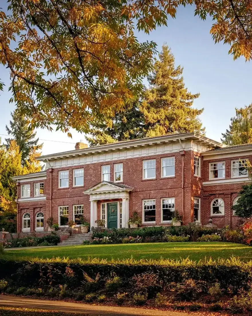 Red brick Georgian house with a deep green panelled front door and stone surround