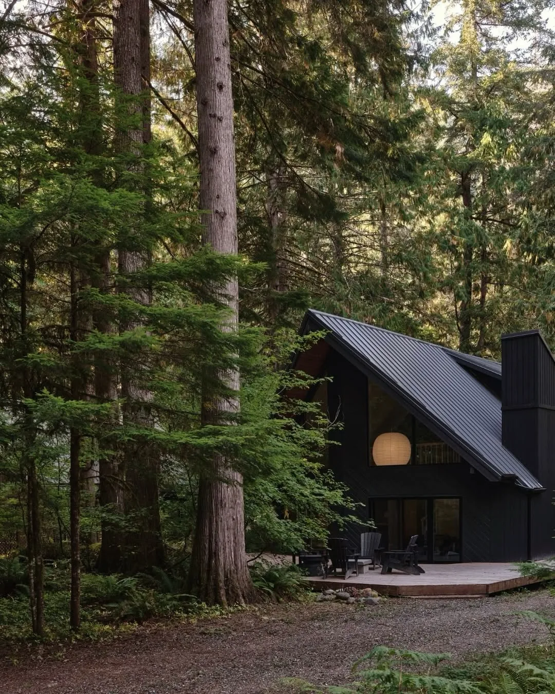 Black A-frame cabin in a redwood forest