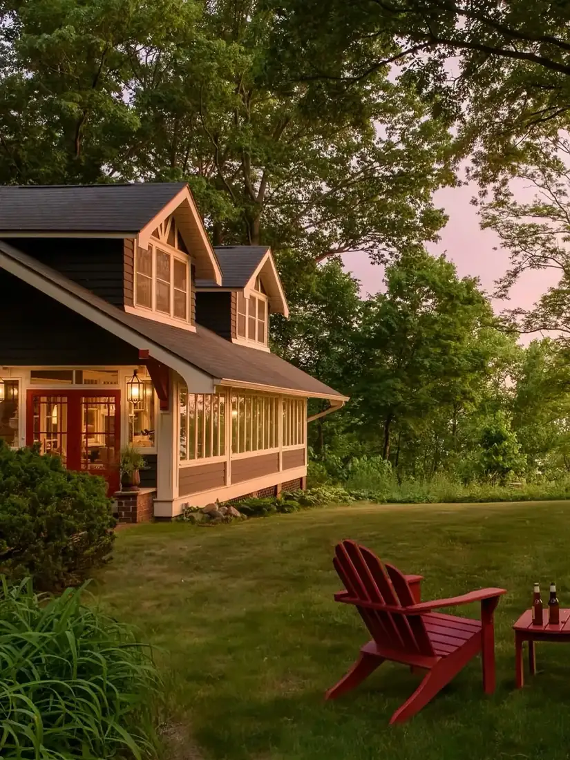 Brown shingle house with screened porch and white Adirondack chairs