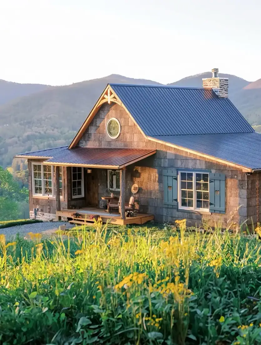 Cedar shake cottage with a bright blue standing seam metal roof
