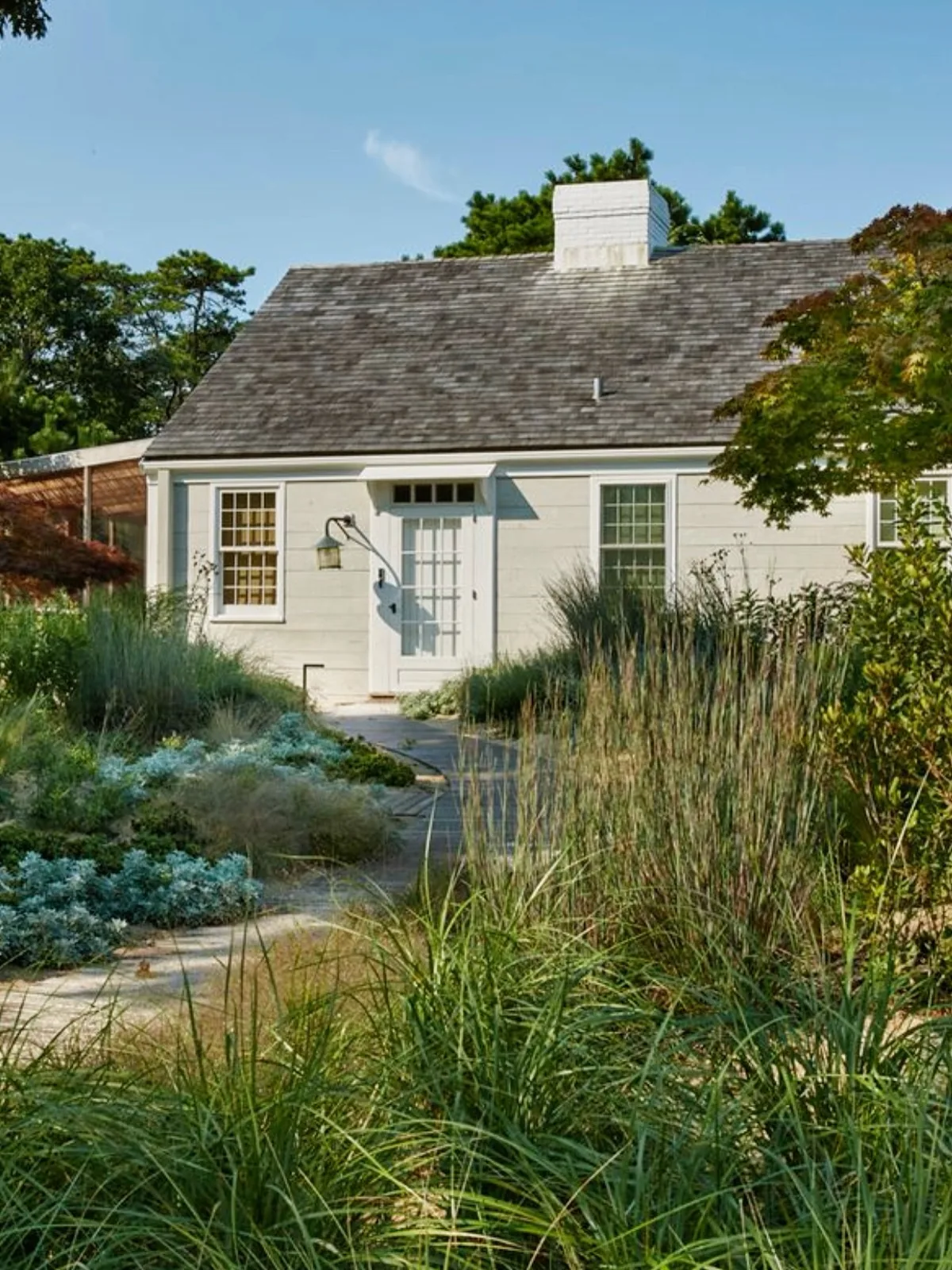 White shingle cottage among coastal grasses