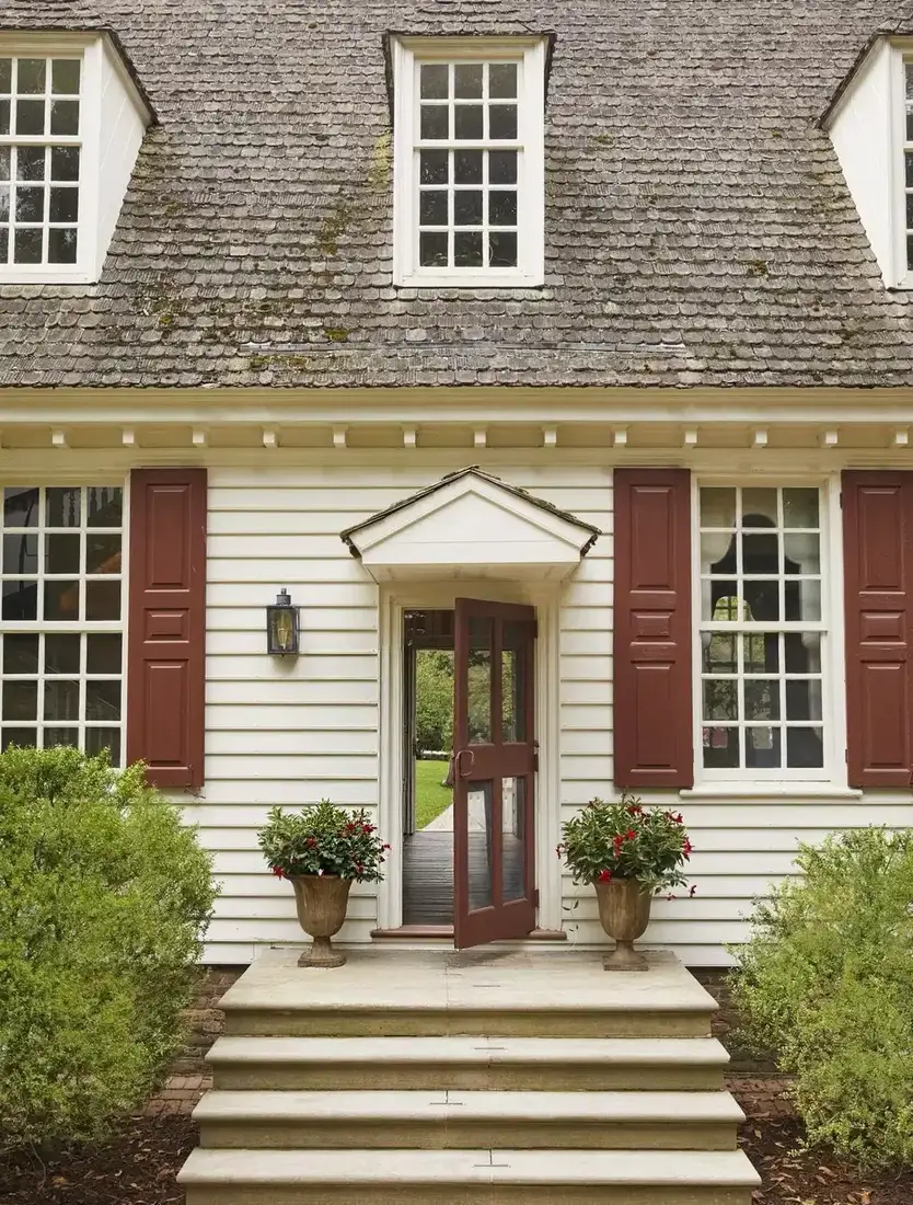 White clapboard colonial with bright red shutters on white siding