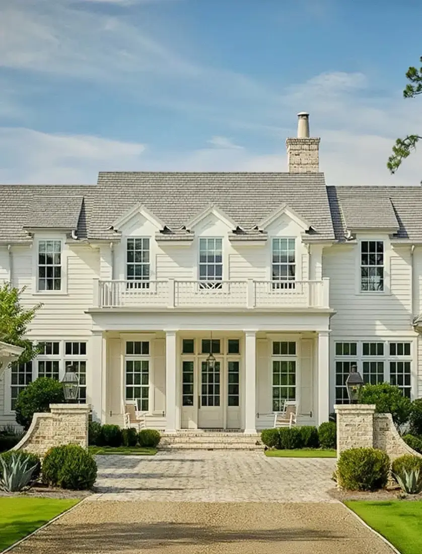 Cream shingle house with stone courtyard driveway and low hedging