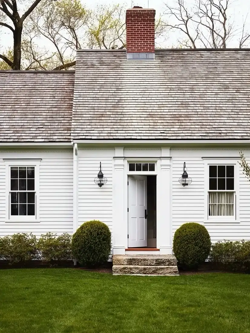 White clapboard farmhouse with cedar shingle roof and tall brick chimney