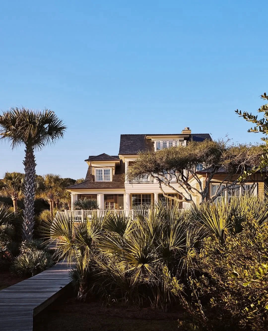 Coastal beach house exterior with palm trees