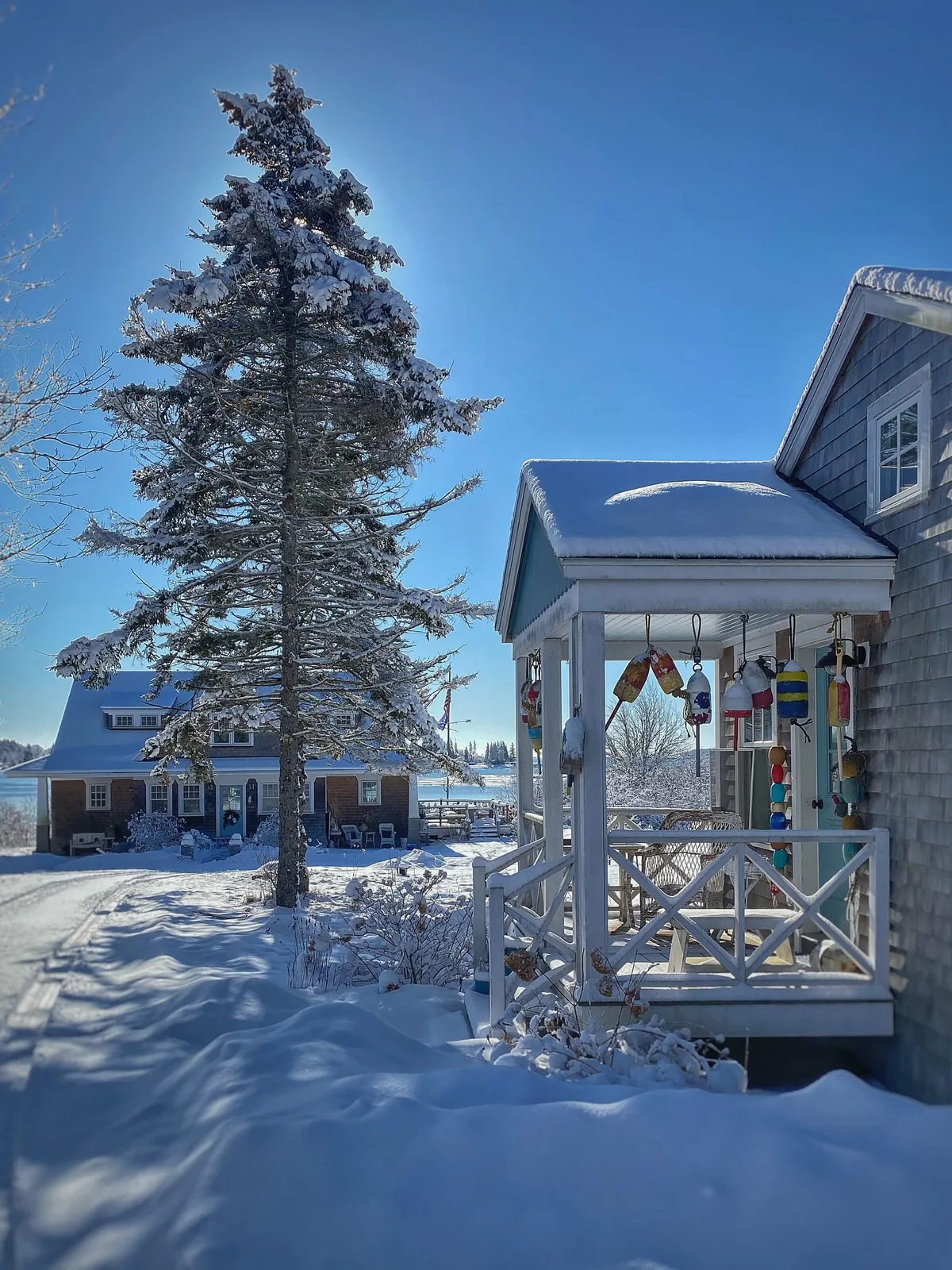 Winter coastal porch decorated for Christmas