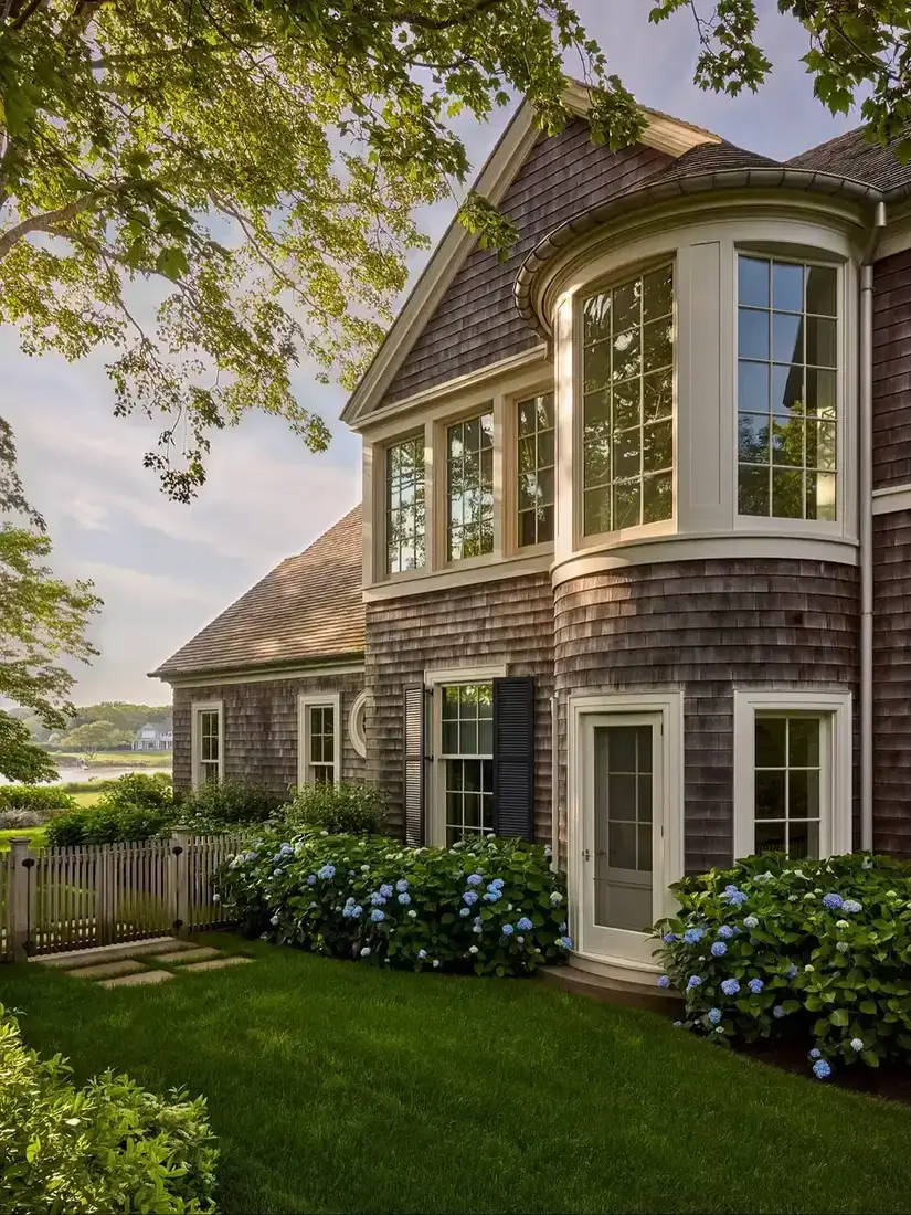 Shingle house with curved bay window and hydrangeas beneath
